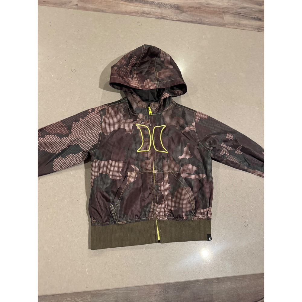Kids Hurley Camo Zip Up Hoodie Jacket Size 4/4T Green Brown Yellow Logo